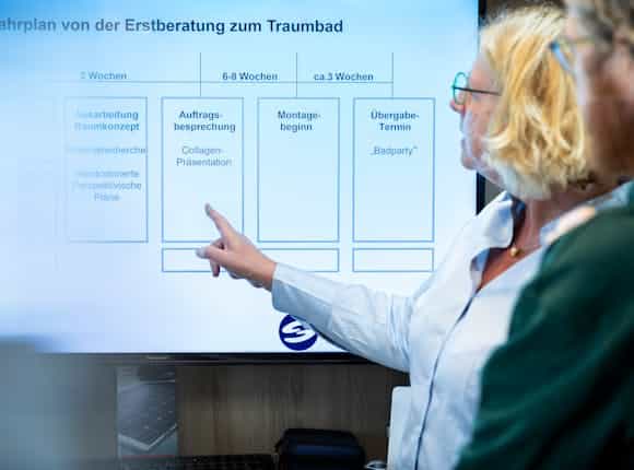 Eine Fachberaterin erläutert einem Kunden anschaulich Inhalte auf einem Bildschirm und zeigt gezielt auf einzelne Punkte; die Szene steht für transparente Beratung, verständliche Erklärung und individuelle Lösungsfindung – Steinkühler Wasser & Wärme GmbH & Co. KG